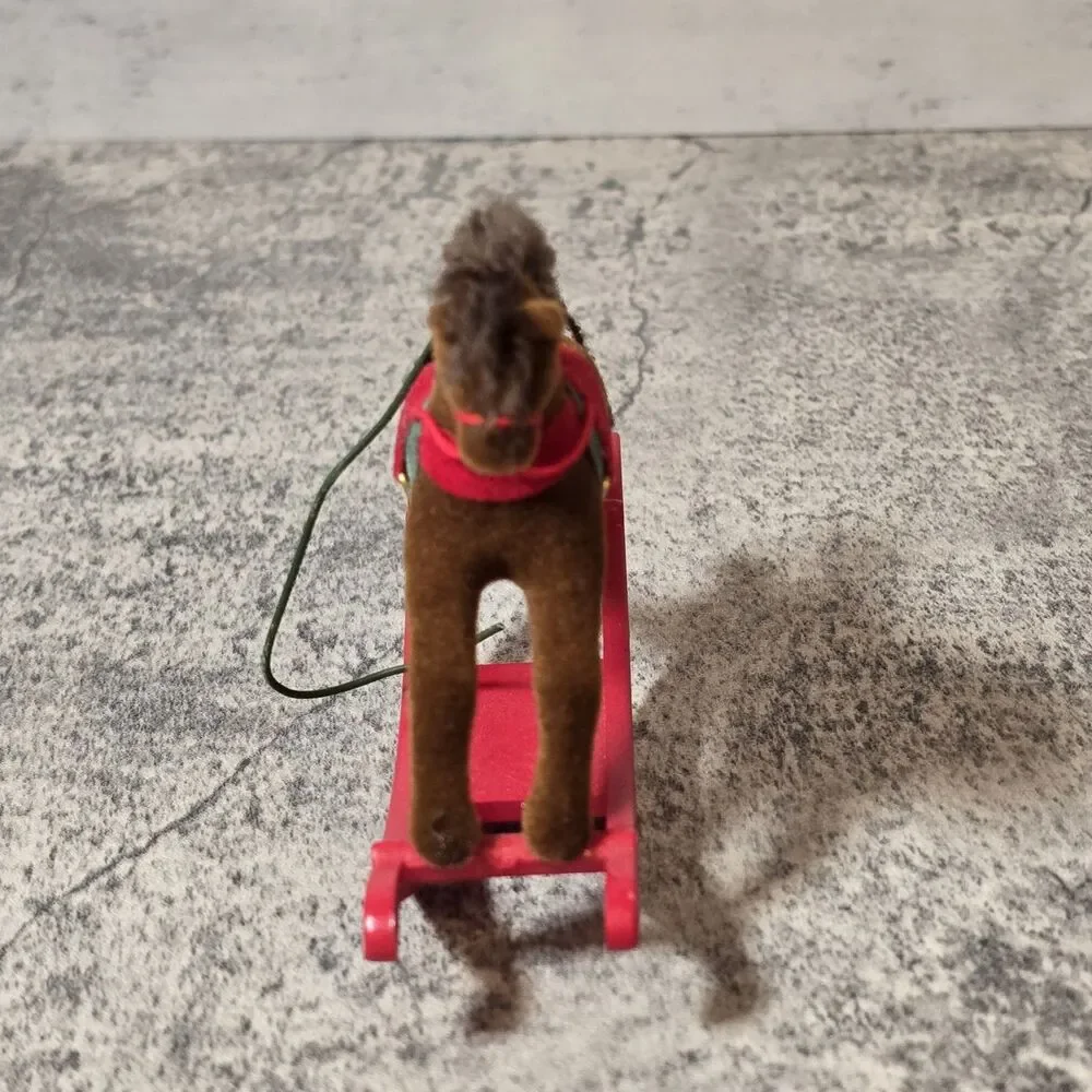 Vintage Flocked Dept 56 Red Rocking Brown Horse Yarn Hair Christmas Ornament